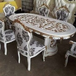 Meja Makan Ganesa Ukir White Gold