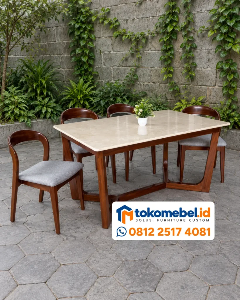 Meja Makan Top Marmer 4 Kursi Kayu Jati